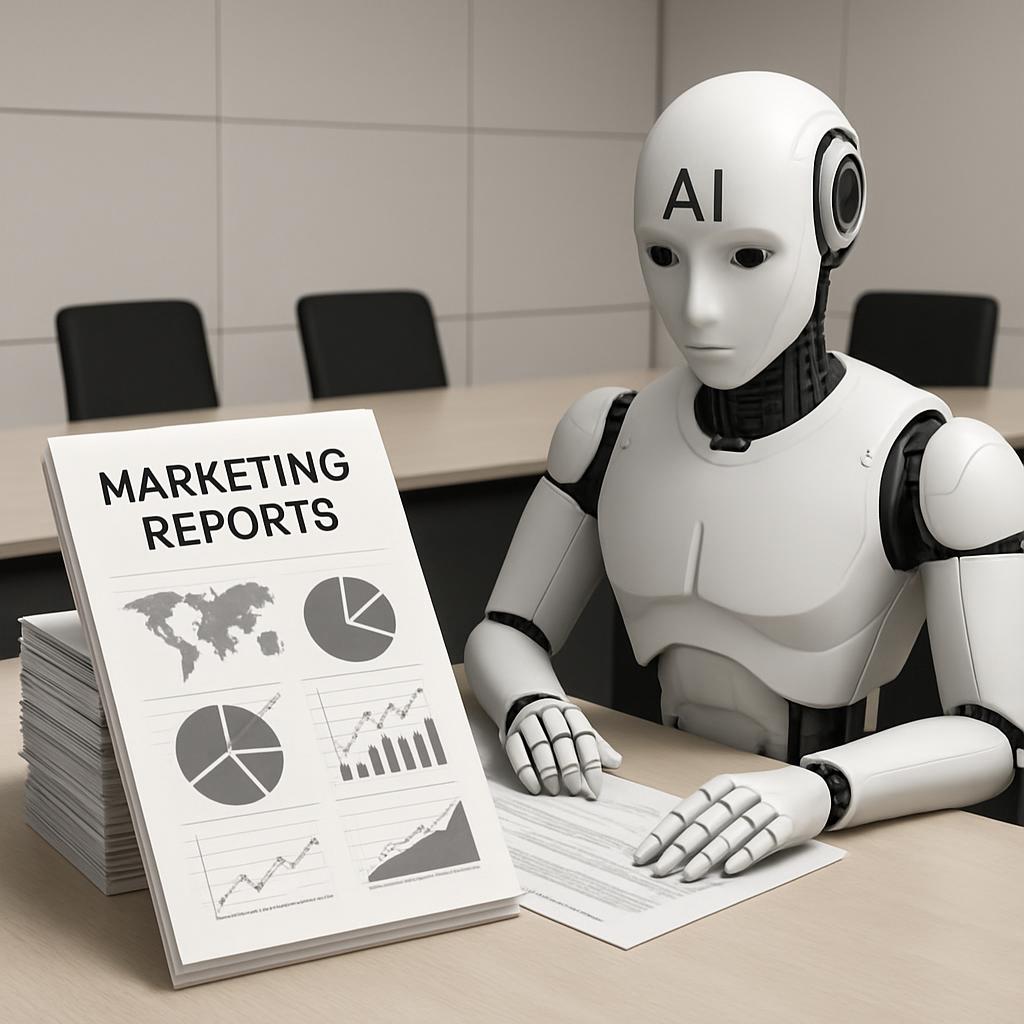 An advanced AI-powered robot sitting at a desk with a stack of marketing reports in front of it.
